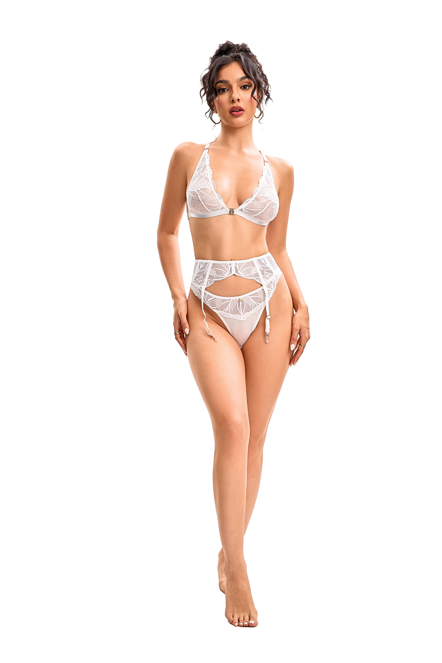 Evangeline Pearl White Sheer Lace 3-Piece Set