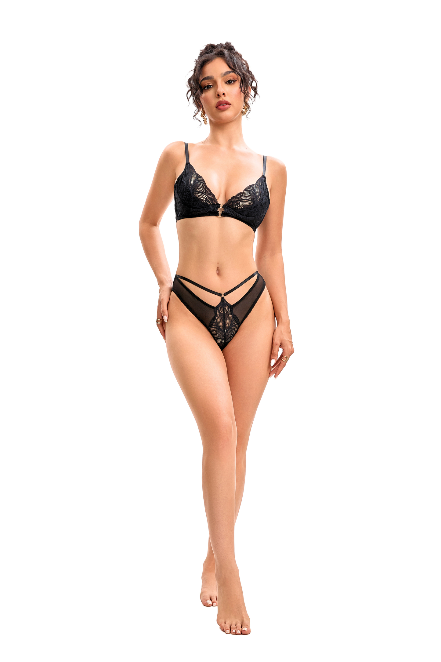 Evangeline Black Lace Plunge Bra & Strappy Brief Set